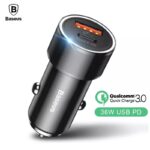 Baseus Small screw 36watt USB A + USB C PD QC3.0 Fast Car charger [CAXLD-A01] - Black