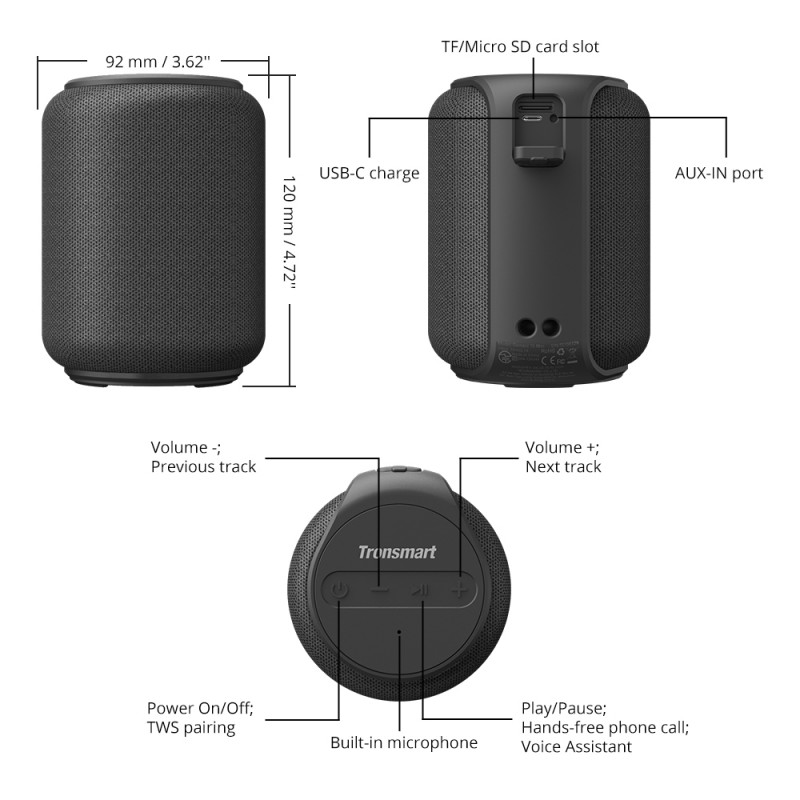 Tronsmart Element T6 Mini Bluetooth 15Watt Wireless Speaker - Black