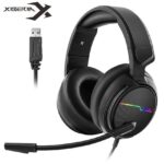 Xiberia V20 Stereo Gaming Headset By Jeecoo Over Ear Headphones With Noice Cancelling Microphone For PC and Laptops – LED Light Soft Earmuffs – Black – USB Version