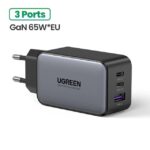 UGREEN 65W USB C Wall Charger - 3 Port GaN PD PPS Super Fast Charger Multiport Power Adapter - EU Plug