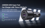 UGREEN Car Charger 69W USB C PD/QC3.0 Adapter 3-Port Cigarette Plug - Image 5