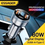 Essager 80W Car Charger 2 USB A port + 1 Type C Port PD Fast Charging iPhone Huawei Xiaomi Samsung iPad Laptop Tablet